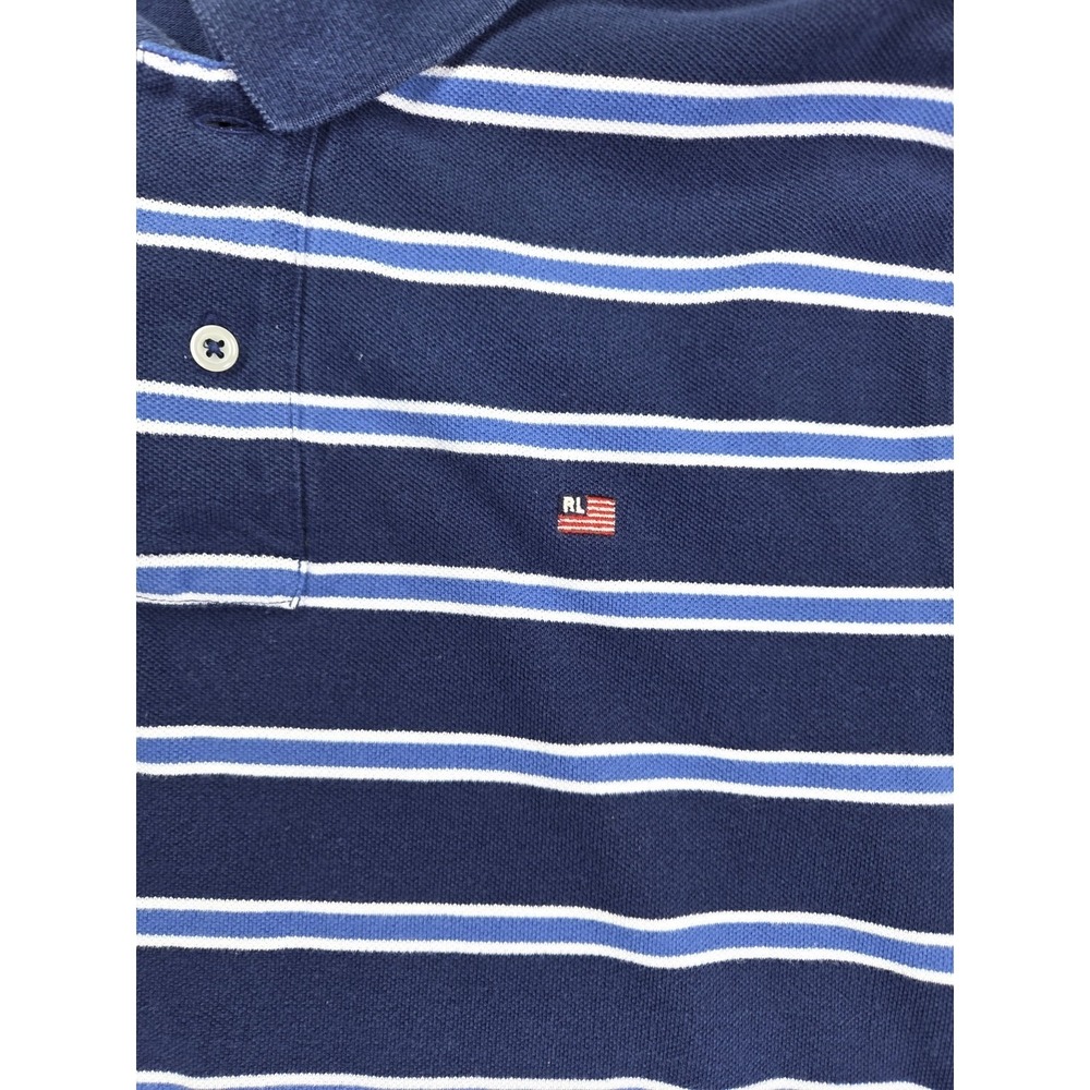 Vintage Polo Jeans Co Ralph Lauren Polo Shirt Mens Large Blue Striped RL Flag - Picture 3 of 8